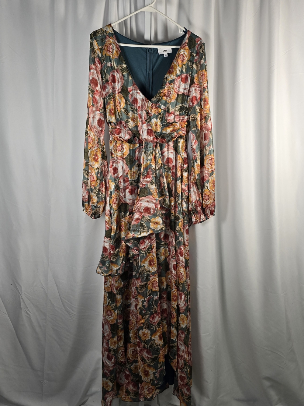 Olia Dress Womens Size Lg Green Maxi Floral Faux Wrap Chiffon Long Sleeve NWT
